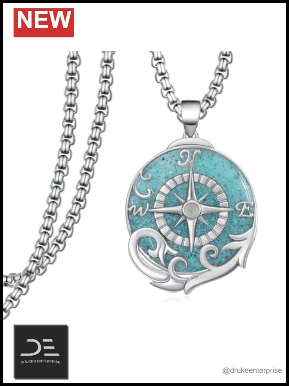 925 Sterling Silver Turquoise Compass Necklace Adjustable 18in Graduation